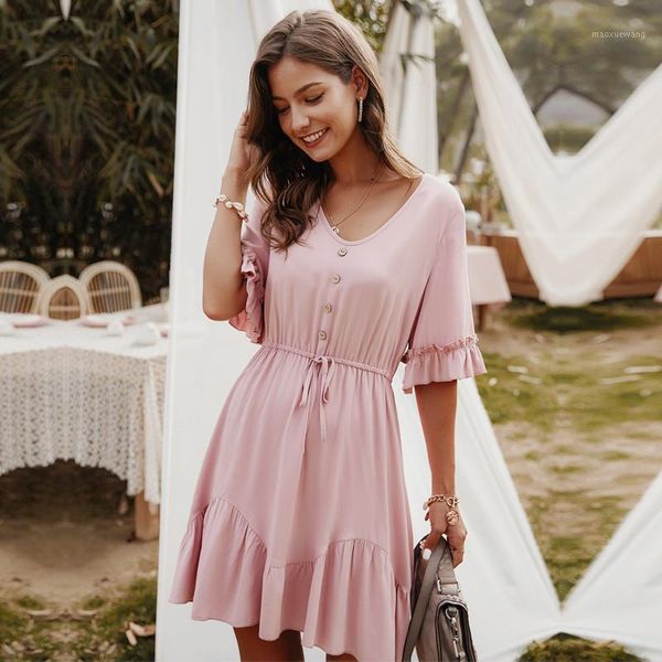 

2020 new elegant solid v neck spring summer dress lace up button ruffles sleeve a line mini dress pink yellow1, Black;gray
