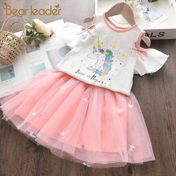 

bear leader girls clothing sets new summer fashion style cartoon rabbit printed t-shirts+pink dress 2pcs girls clothes sets y200623, White