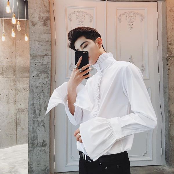 

stand collar lotus leaf laciness long-sleeve shirt male personality novelty sleeve men's clothing, White;black