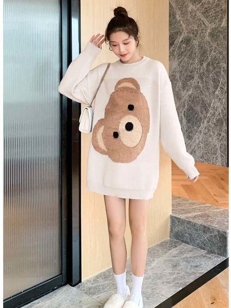 

autumn and winter high end knitwear sweater maternity haze blue sweet elegant bear medium length dress, White