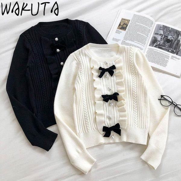 

women's sweaters wakuta fall winter sweet bow ruffles pearl clasp sweater and pullovers elegant loose black white knitting jumper o ne, White;black