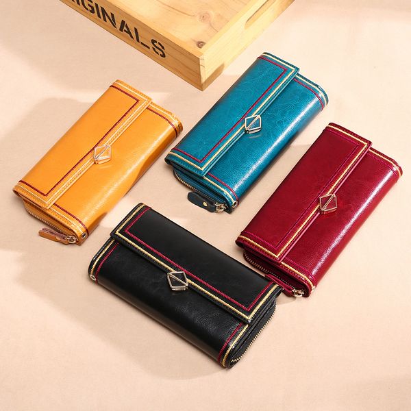 

women new vintage oil wax leather wallet cowhide large capacity long purse card holder pocket coin purse handbag, Red;black