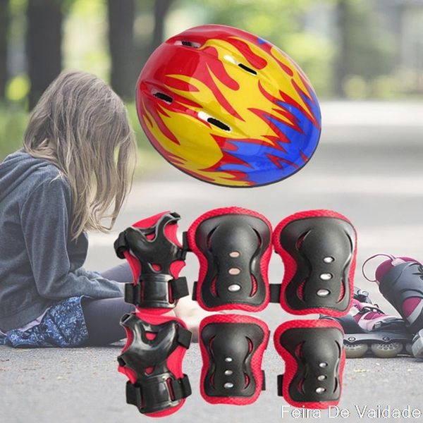 

elbow & knee pads kid's flame helmet protective gear roller skate 7-piece suit blue pink red suitable for children aged 3-12 year, Black;gray
