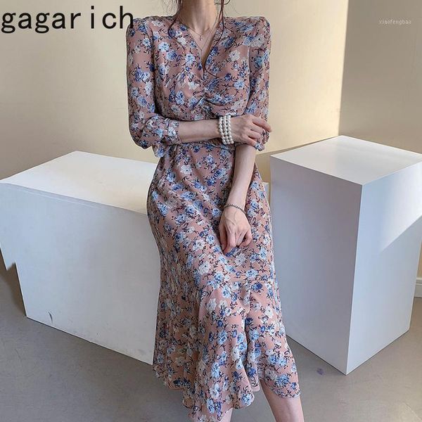 

gagarich women chiffon dress korean style elegant floral slim v-neck pleated ruffled long sleeve ladies vestido fashion1, Black;gray