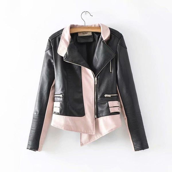 

autumn new women's fashion color matching irregular slim pu fashion leather jackets1, Black