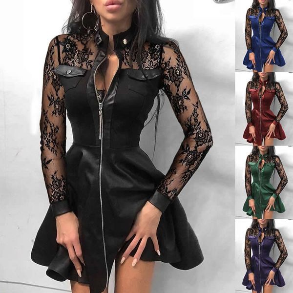 

european and american autumn and winter new fashion pu leather and receiving waist zipper dress, White;black