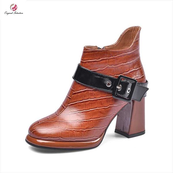 

boots ts original intention real leather wood grain ankle woman big buckle chunky heels round toe shoes office, Black