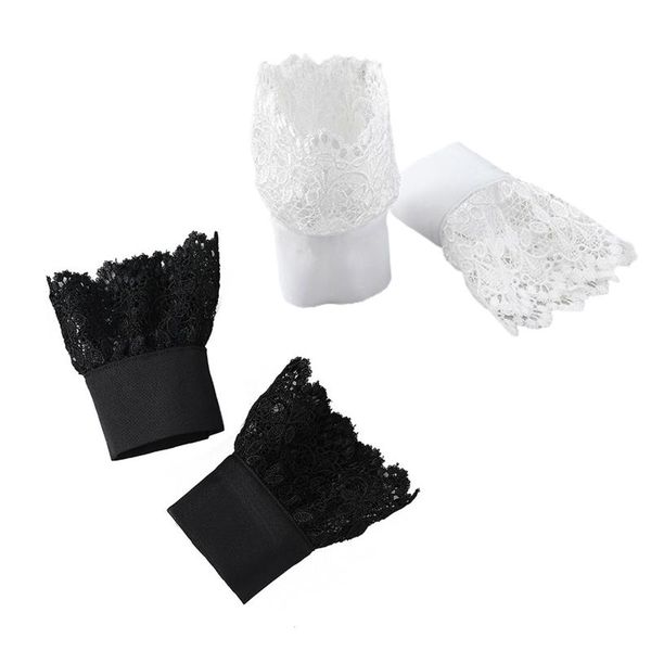 

five fingers gloves women decorative layered horn cuffs bracelet hollow out embroidery leaves lace fake sleeves detachable buttons wristband, Blue;gray