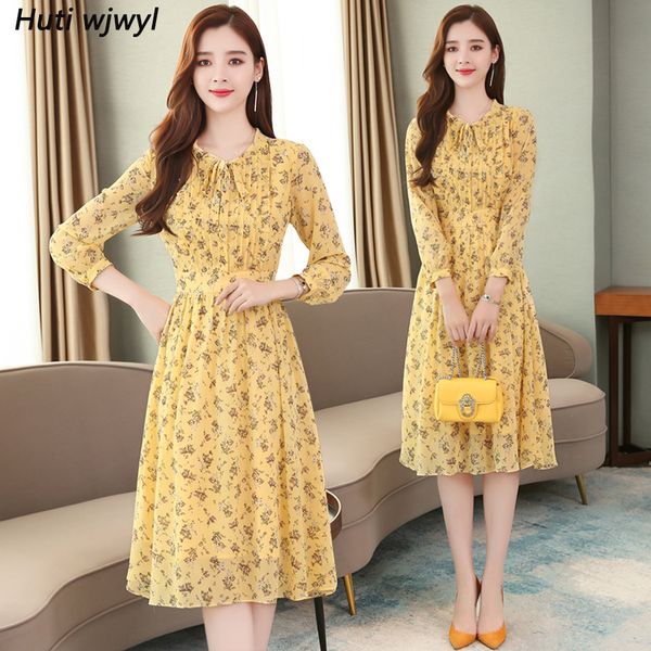 

vintage yellow floral chiffon midi dresses autumn winter plus size long sleeve dress elegant women bodycon party vestidos 201125, Black;gray