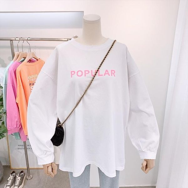 

long sleeve 100% cotton tee shirt women 2020 spring fall letter print street t shirt lady bf style simple casual pullover top, White