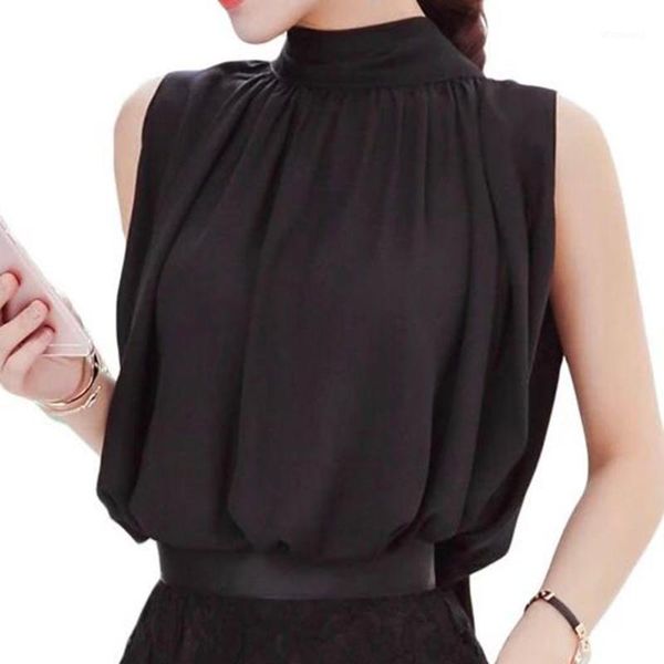 

korean japanese style white black blouse chic new women's elegant turtleneck swing chiffon shirt sleeveless pullover 1