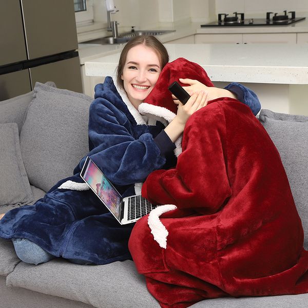 

hoodie blanket with sleeves sweatshirt plaid winter fleece hoody women pocket female hooded sweat oversize femme, Black