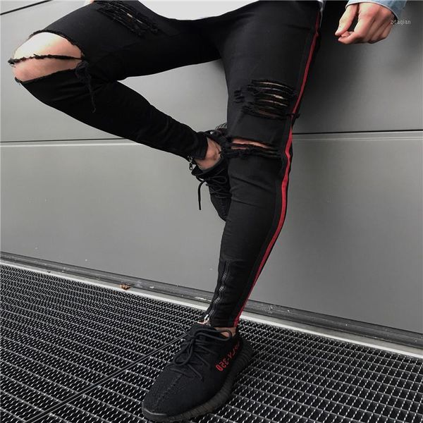 

men's jeans 2021 fashion streetwear hiphop men quality cotton comfortable elastic slim ripped zipper personality male skinny denim1, Blue
