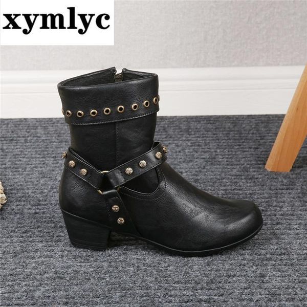 

new 2020 winter women boots square heel 5cm leather retro rivet block high heels ankle boots plus size botas mujer, Black