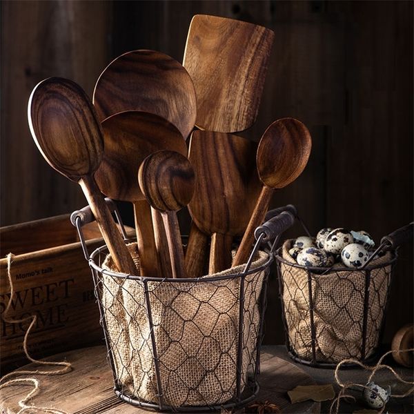 Тайский тик деревянные не-палкой спатула кофе ложка для приготовления дерева кухонная кухня посуда посуды снабжение кухонным инструментом набор 201223