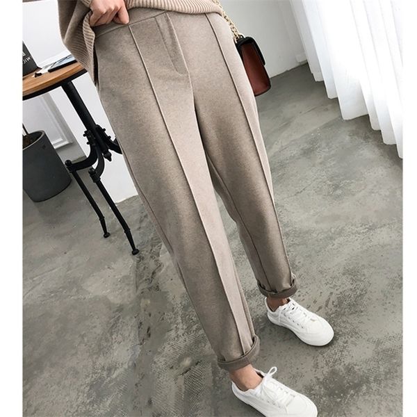 

hlbcbg winter thicken women pencil pants plus size wool pants female autumn high waist loose trousers capris good fabric 201119, Black;white