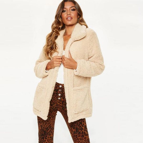 

2018 women's lapel long sleeve faux shearling coat winter boyfriend winter faux coat new arrival1, Black