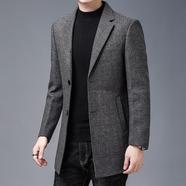 

new winter high-grade middle-aged men's leisure manual wool coat in long business loose double coat, Black