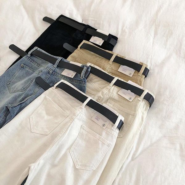 

straight jeans women solid vintage jeans sashes casual high waist plus size mom boyfriends 2020 denim pants whit1, Blue