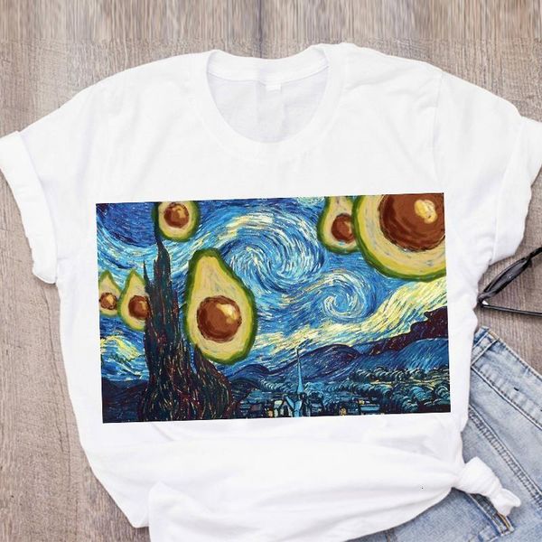 

women avocado moon night painting print cartoon short sleeve summer lady t-shirt shirt womens clothing tees female t shirt, White