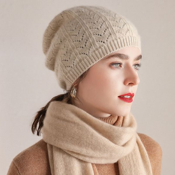 

100% cashmere goat knitting headgears 2020 winter woman hollow hats out flower fashion hat for ladies ing, Blue;gray