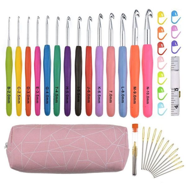 

38 in 1 full set diy 14 sizes extended handle crochet hooks needles stitches knitting craft case crochet set weaving tools sewin1, Black
