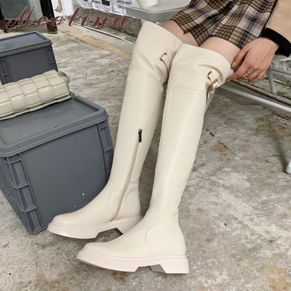 

boots meotina real leather over the knee women platform med heel shoes buckle square long zip female thigh high1, Black