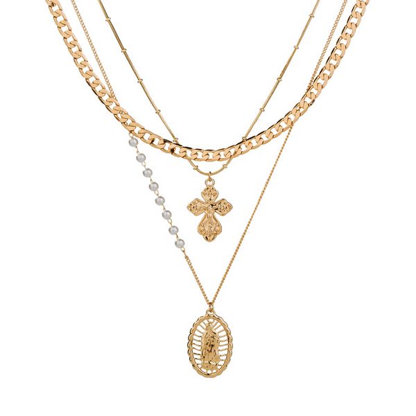 Goldfarbene dreistufige Halskette mit ausgehöhlter Figur, Persönlichkeitsdesign, Kreuz-Anhänger, Perlenkette