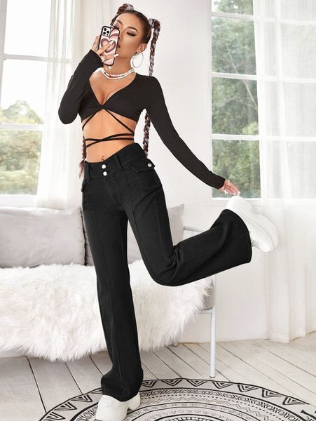 

high waist seam wide leg jeans s5ix#, Blue