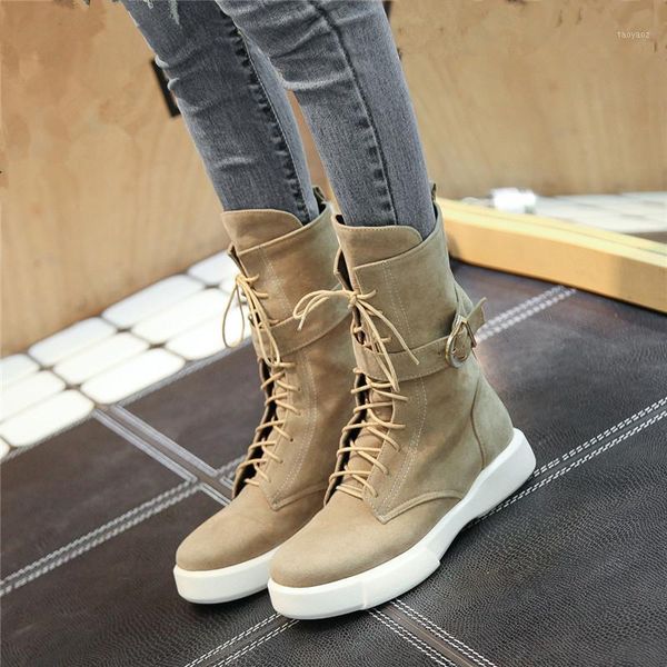 

2018 autumn winter buckle strap lace up cross tied black green flat heel army boots female lady short boot shoe1