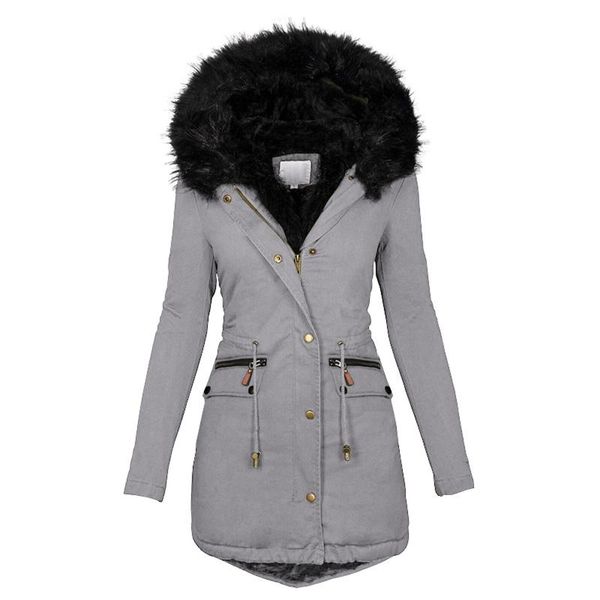

winter casual women parka female hooded mid length solid warm winter fur coat padded hooded woman windbreaker jacket plus size, Black