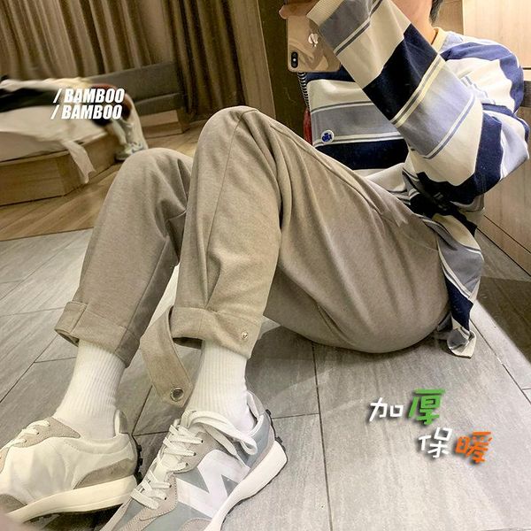 

men's pants casual spring/winter 2021 loose straight leg solid color waist thick micro stretch trousers youth men clothing, Black