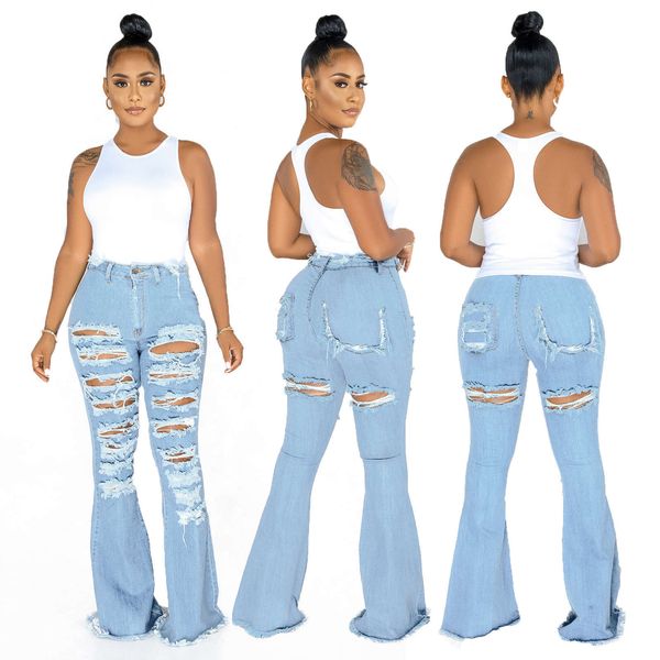 

5003 fashionable casual broken hole washed women's flared jeans, Blue