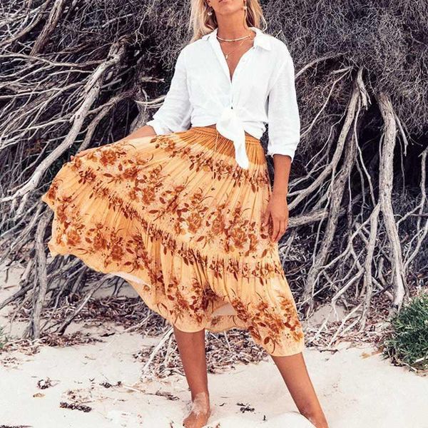 

skirts ayualin elastic waist women 2021 cotton rayon yellow floral print summer long skirt beach tassel hippie boho faldas saia1, Black