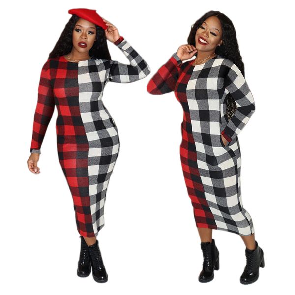 

womens plaid casual dresses high waist o neck long sleeve slim dress autumn winter patchwork pullover women bodycon clothing, Black;gray