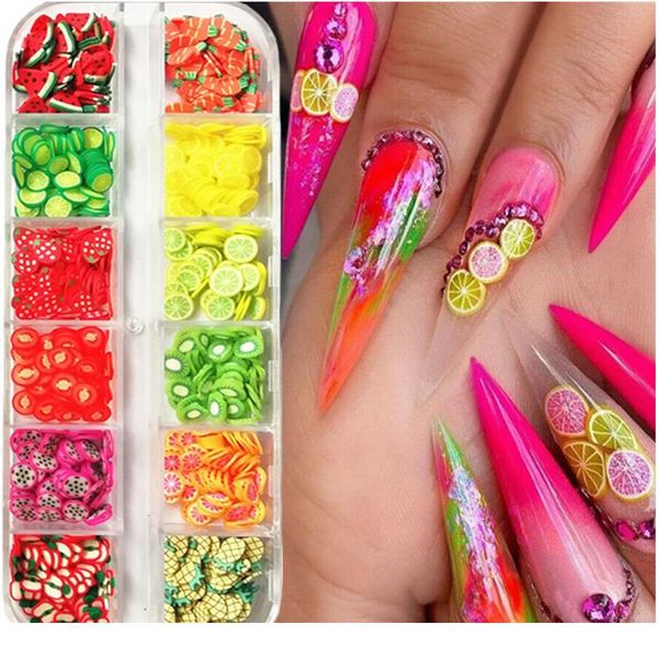 

12pcs/ 1 box of 3d fruit flowers nail art decorations mixed style colorful nail glitter watermelon orange strawberr qylhpg, Silver;gold