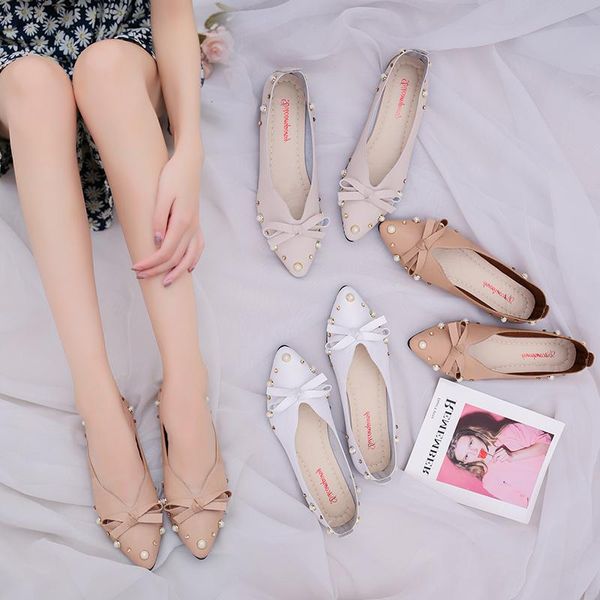 

casual woman shoe pearl decorateion female footwear shallow mouth all-match modis bow-knot pointed toe beading dress summer, Black
