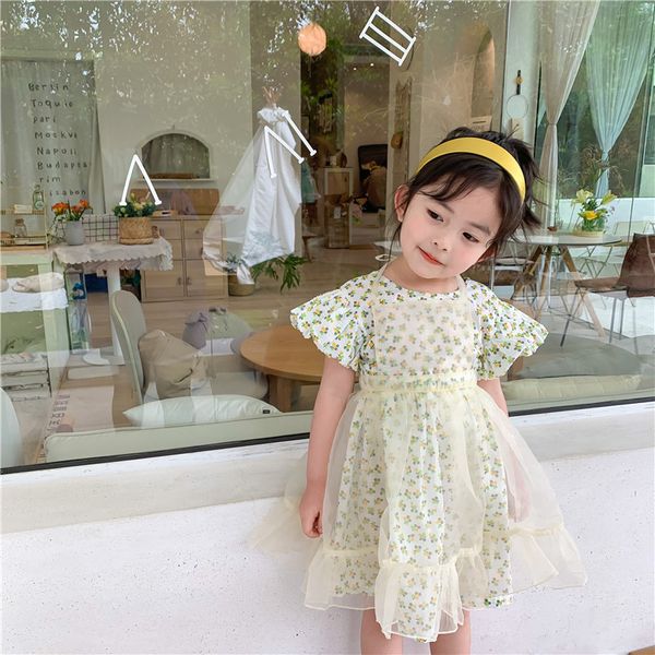 Koreanischer Stil Blumen Puffärmel Kleid für Babys Baumwolle niedlich 2 Farben lässig rückenfreie Kleider LJ200923