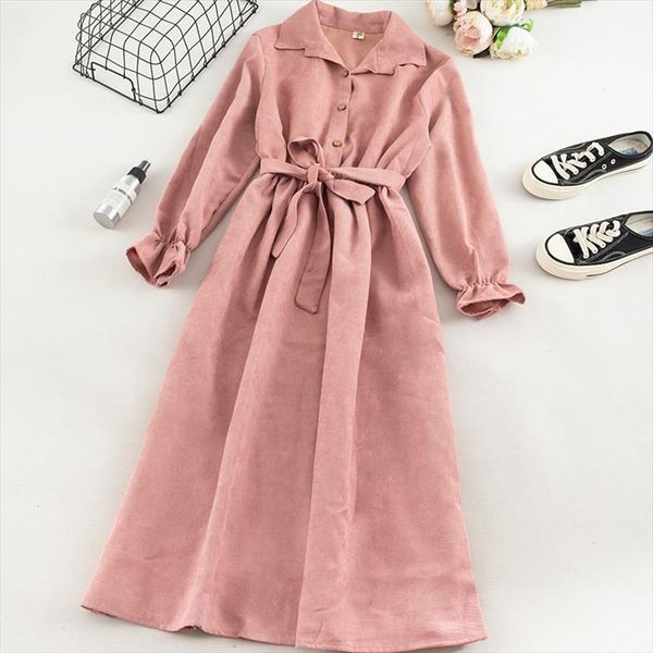

women long corduroy dress autumn flare sleeves turn down collar solid vintage korean dress winter romantic shirt, Black;gray