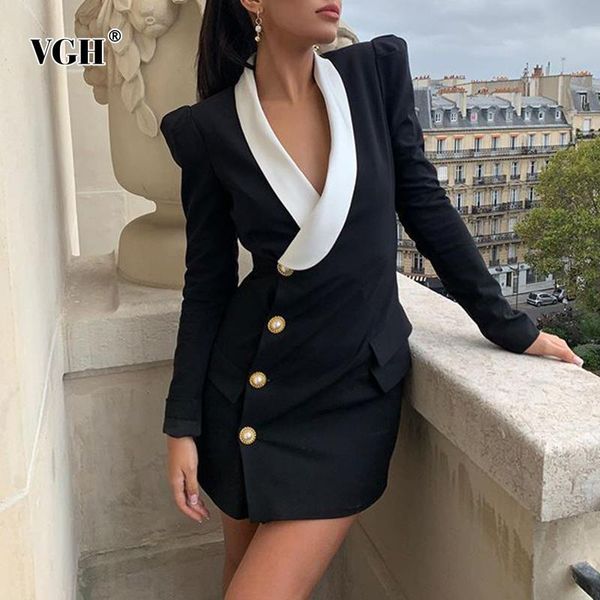 

vgh slim black blazer for women notched long sleeve side button temperament vintage blazers female fashion clothes 2020 new, White;black