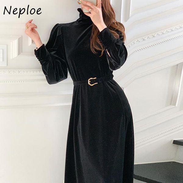 

neploe chic lantern sleeve velvet dresses korean elegant temperament turtleneck vestidos loose long women dress with belt1, Black;gray