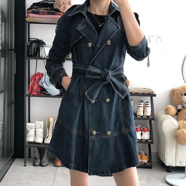 

superaen spring and autumn new double breasted lace up a-line slim medium length jeans fashion trench coat for women, Tan;black