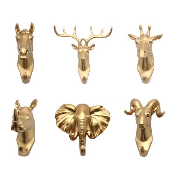 

hooks & rails 6pcs wall mounted resin animal head hook hanger bag keys cloth holder home room decorative gold high quality