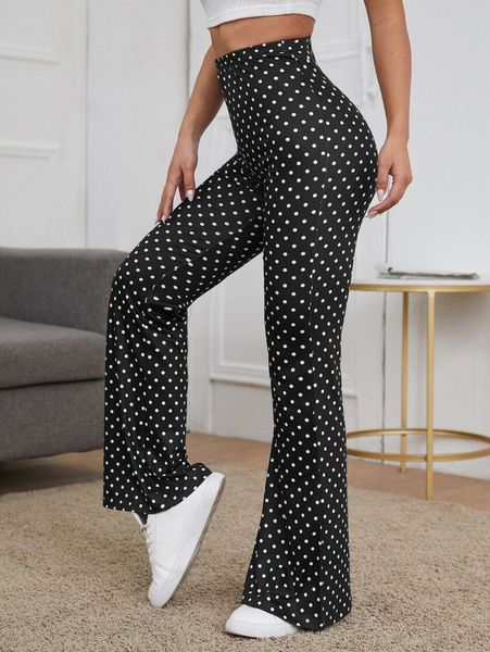 

high waist polka dot flare leg pants e2yp#, Black;white