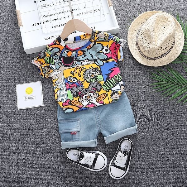 

baby clothes outfit boys summer cartoon animal print t shirt set and short jeans set for boy clothing costume 1 2 3 4 years lj200917, White