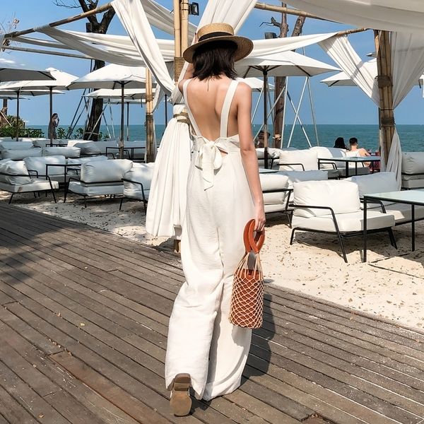 

fashion women bodycon backless summer jumpsuit sleeveless playsuit beach wide leg solid party club holiday romper y200422, Black;white