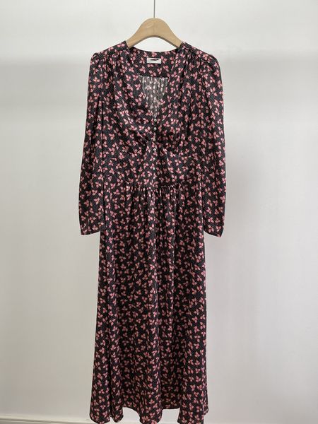 

osl 2021 spring flora print v neck long sleeve empire fashion prom dresses brand same style dress moying, Black