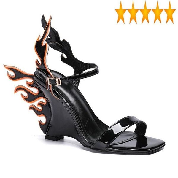 

flame fashion ladies pumps pattern sheepskin wedges summer personality office 10cm high heel sandals plus size, Black