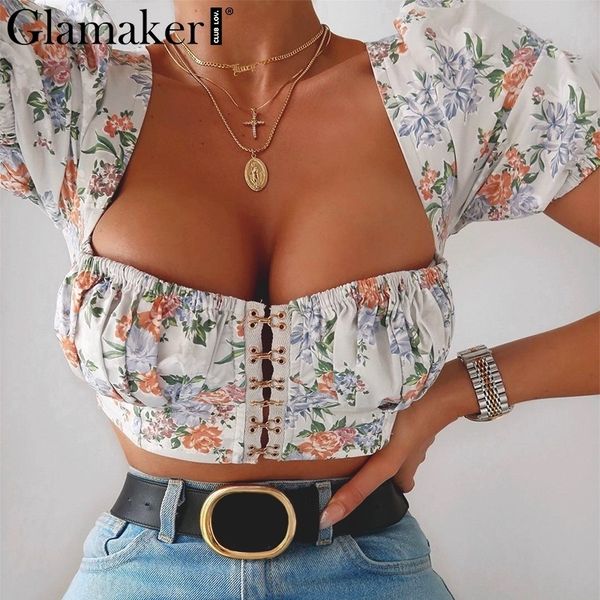 

glamaker puff sleeve floral print camis tanks women summer cropped clothes crop female square collar streetwear y200422, White