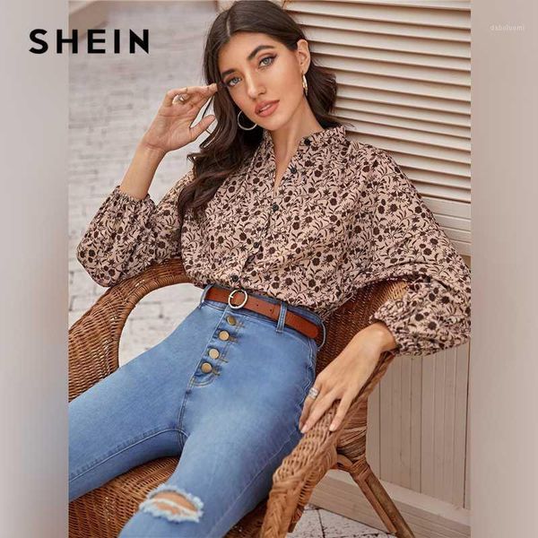

shein multicolor mock neck ditsy floral print shirt blouse women spring autumn button front bishop sleeve bohemian blouses1, White